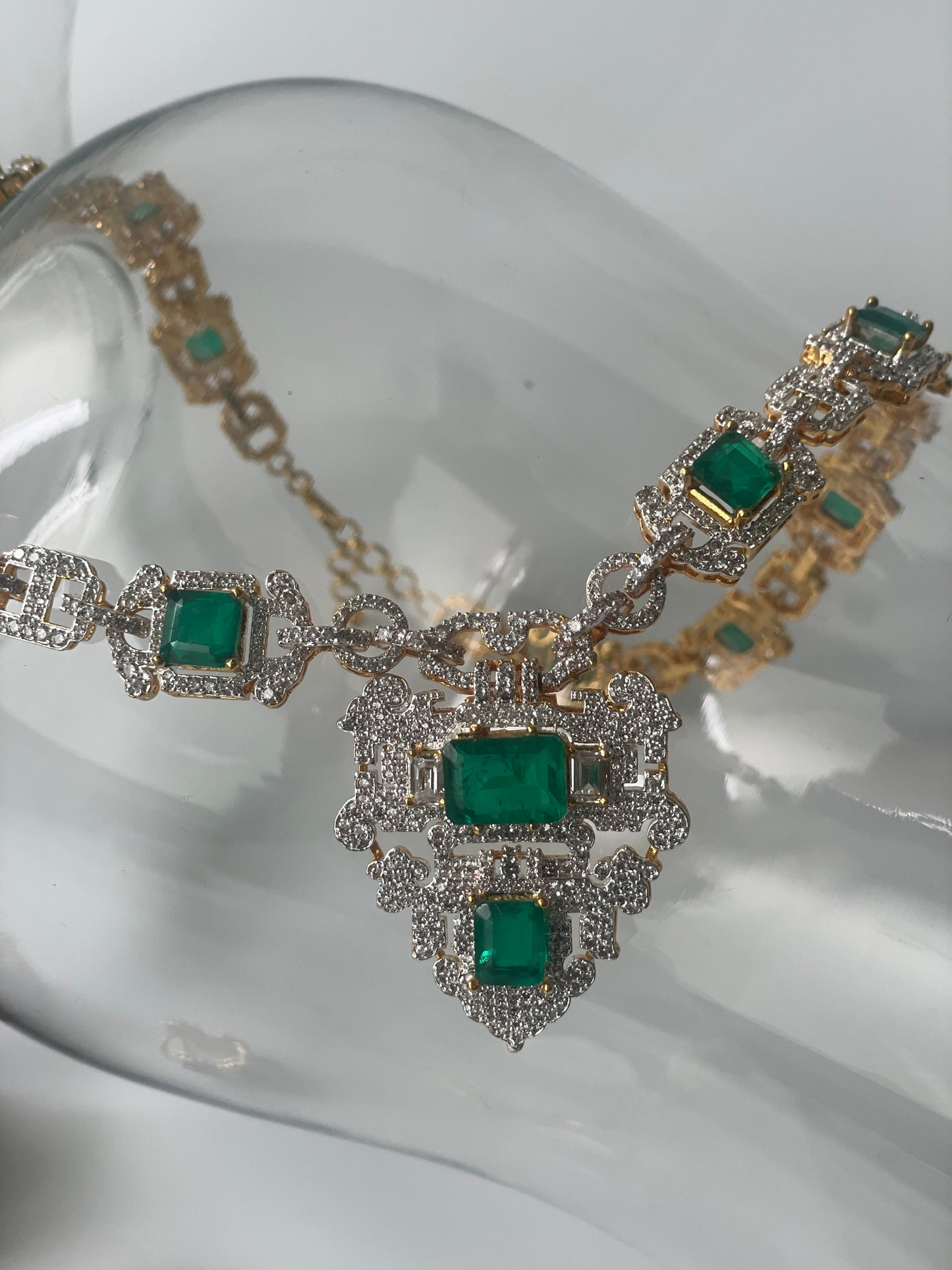 Gold Finish Long Zircon and Emerald Synthetic Necklace Set