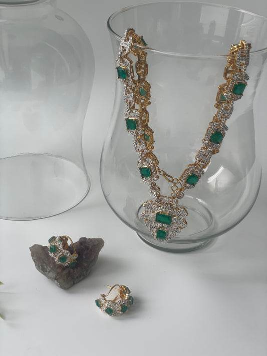 Gold Finish Long Zircon and Emerald Synthetic Necklace Set