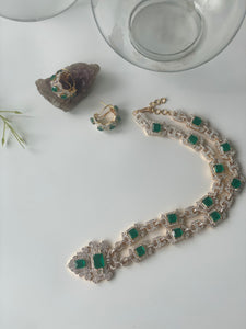 Gold Finish Long Zircon and Emerald Synthetic Necklace Set