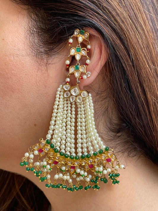 Gold Finish Cascading Pearl and Kundan Dangling Earrings
