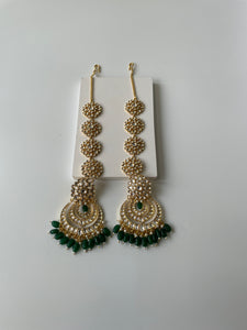 Kundan Studded Green Beads Earrings with Long Kaan ChainStudio6Jewels