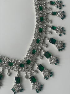 Zircon V Neck Choker with Earrings and Green Stones