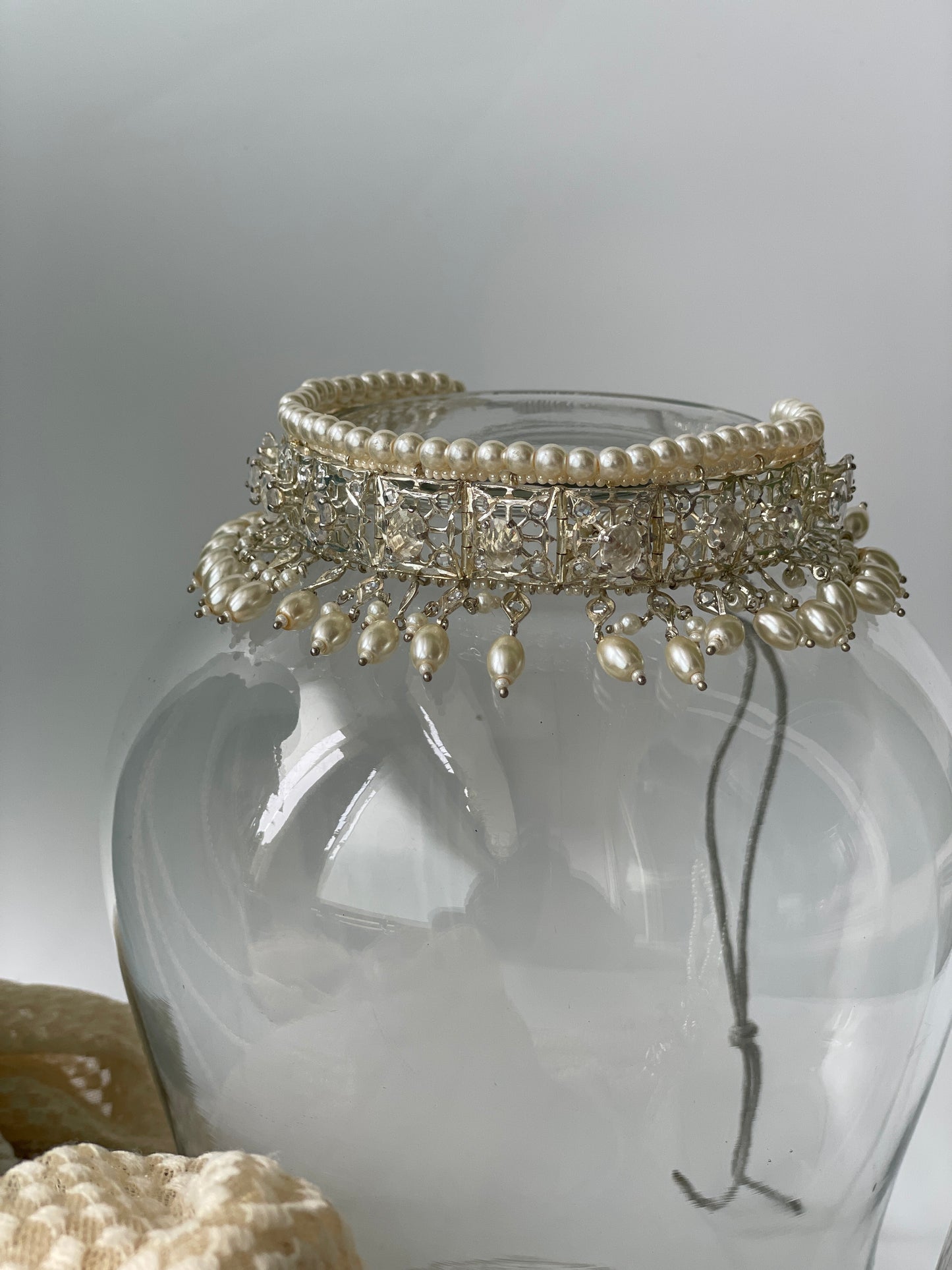 White Finish Pearl Long Layered Kundan Necklace with Choker Complete Set