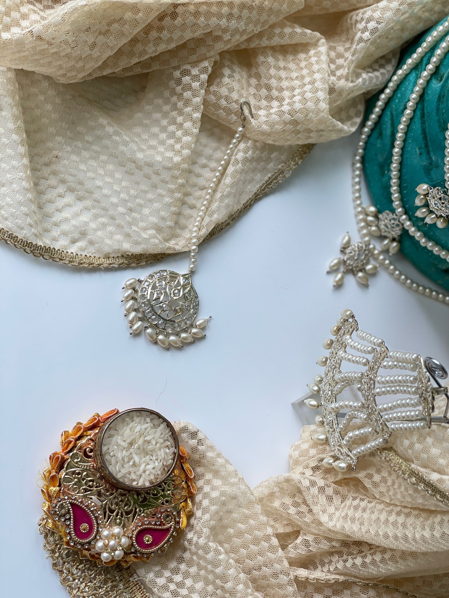 White Finish Pearl Long Layered Kundan Necklace with Choker Complete Set