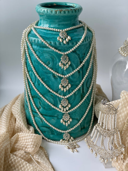 White Finish Pearl Long Layered Kundan Necklace with Choker Complete Set