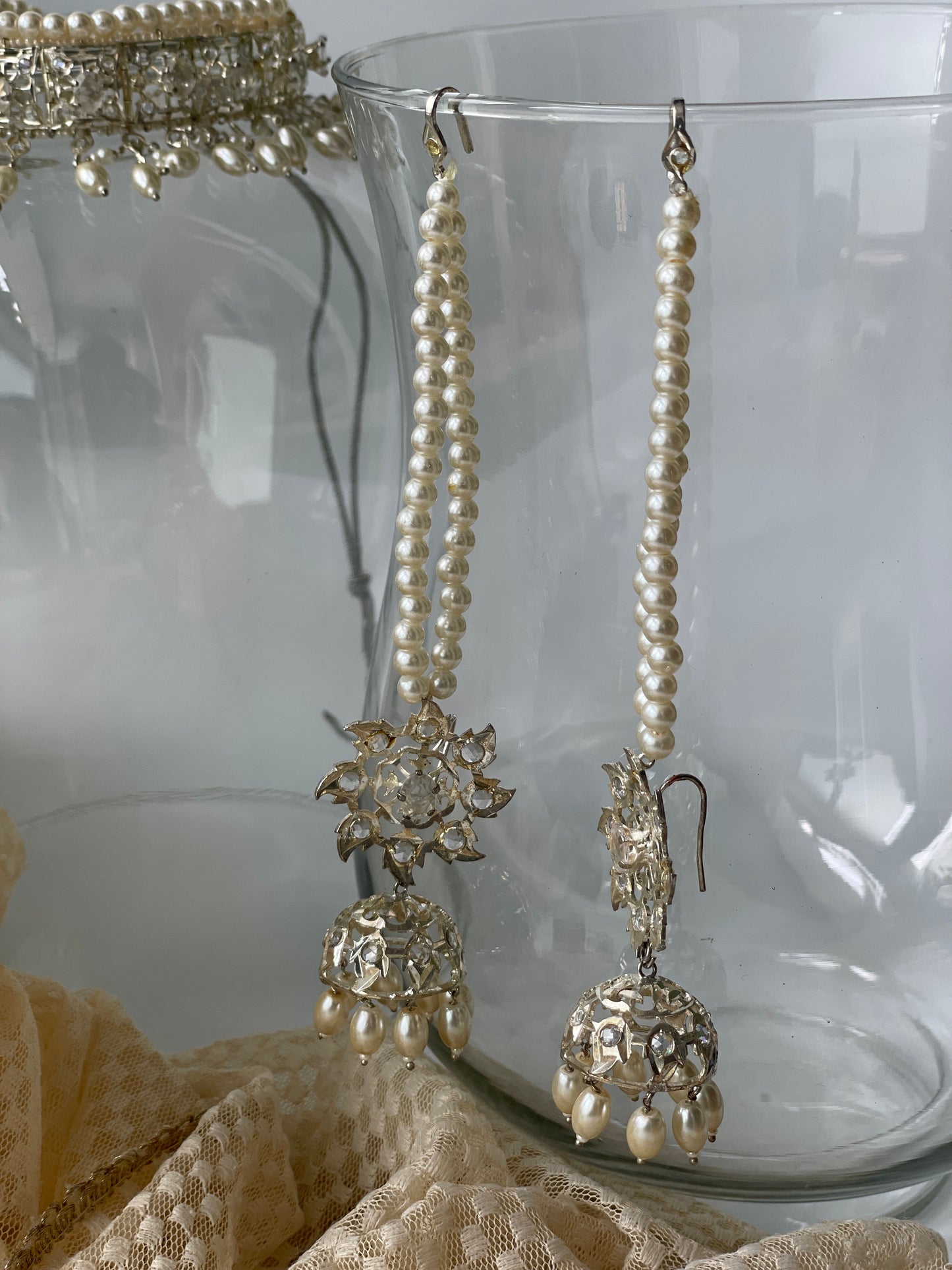 White Finish Pearl Long Layered Kundan Necklace with Choker Complete Set