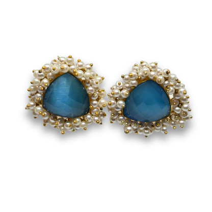 Blue Stone & Pearl Cluster Stud Earrings