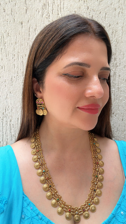 Long Temple Motif Necklace Set with Multi-coloured Stones