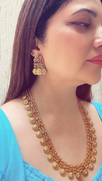 Long Temple Motif Necklace Set with Multi-coloured Stones