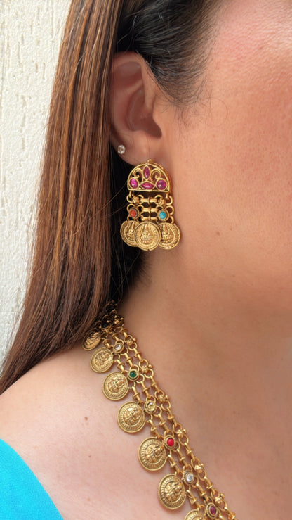 Long Temple Motif Necklace Set with Multi-coloured Stones