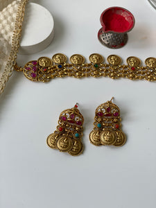 Long Temple Motif Necklace Set with Multi-coloured Stones
