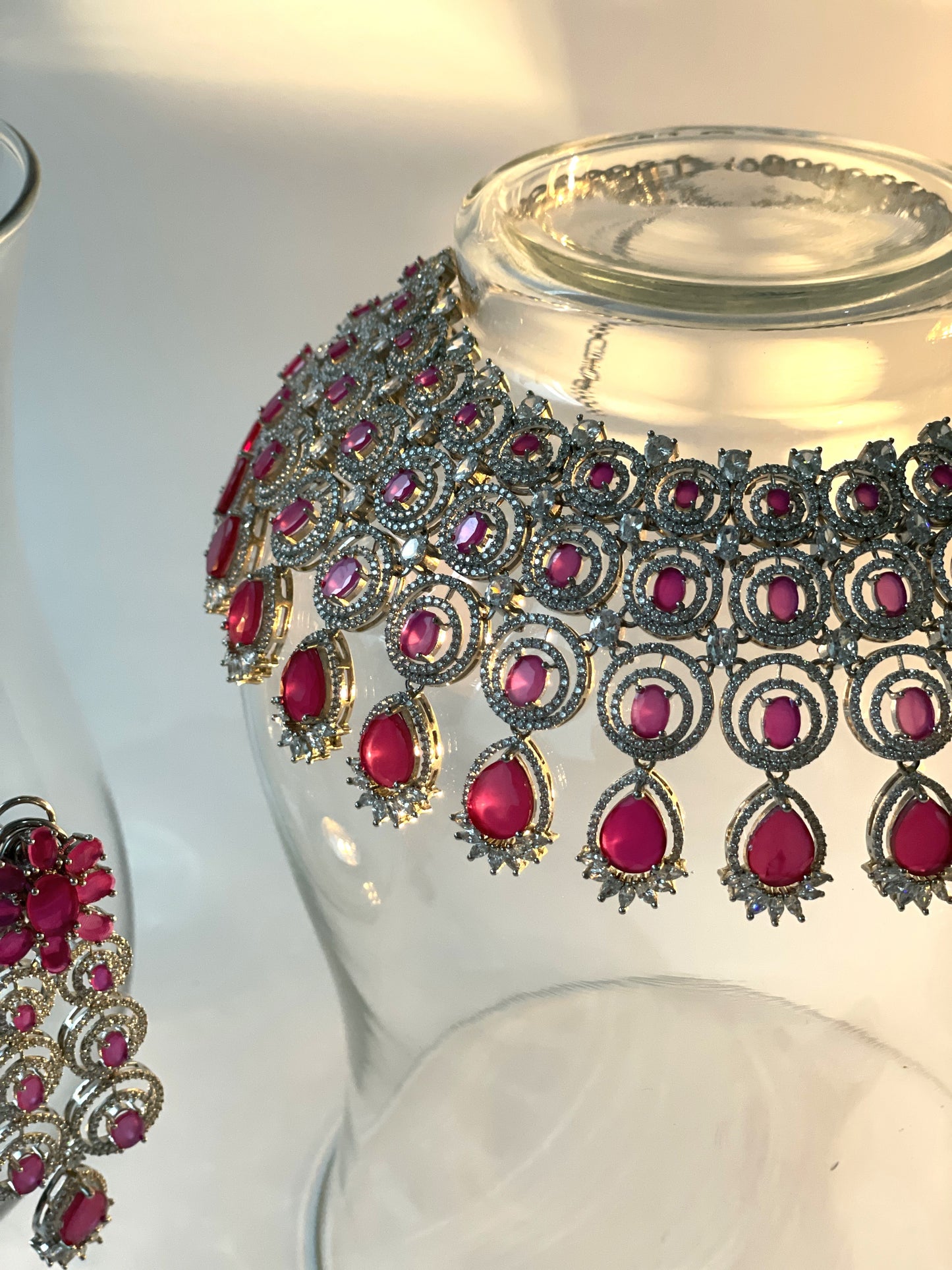 Red Stone Studded Zircon Bridal Choker Set