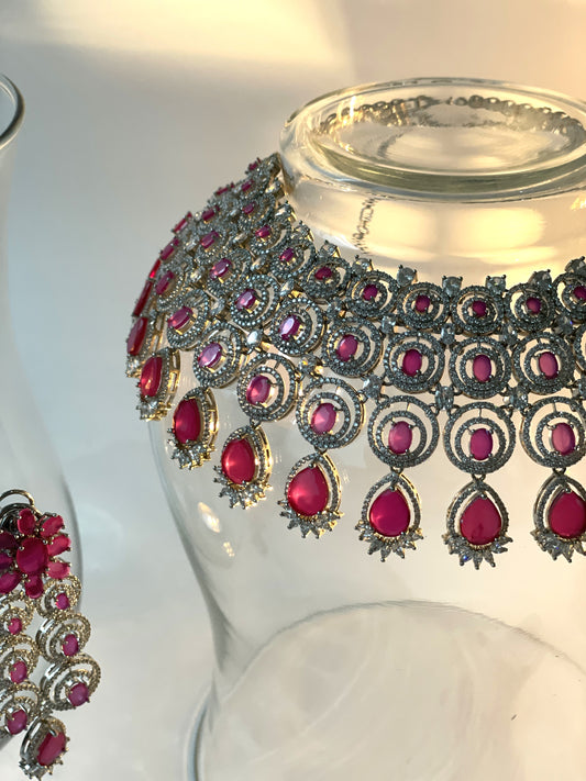 Red Stone Studded Zircon Bridal Choker Set