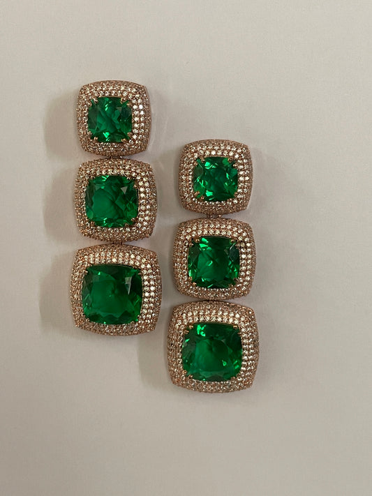 Green Doublet Crystal Earrings with Zircon Detailed Borders
