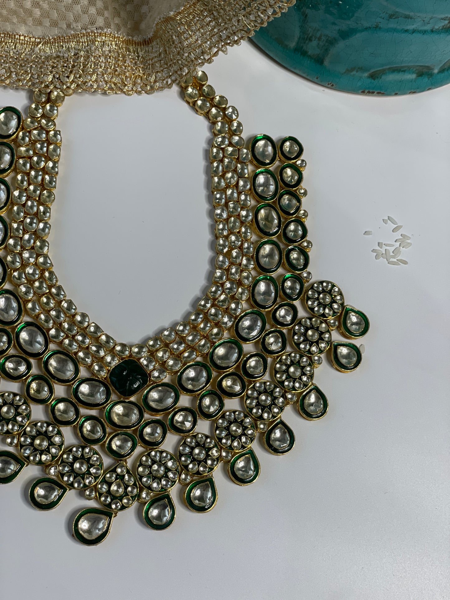 Kundan Studded Green Enamelled Bridal Necklace Set