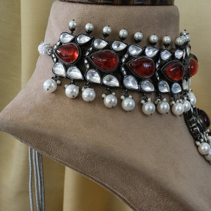 Black Finish Chunky Red Stone with Kundan and Pearls Necklace Set