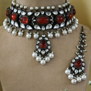Black Finish Chunky Red Stone with Kundan and Pearls Necklace Set