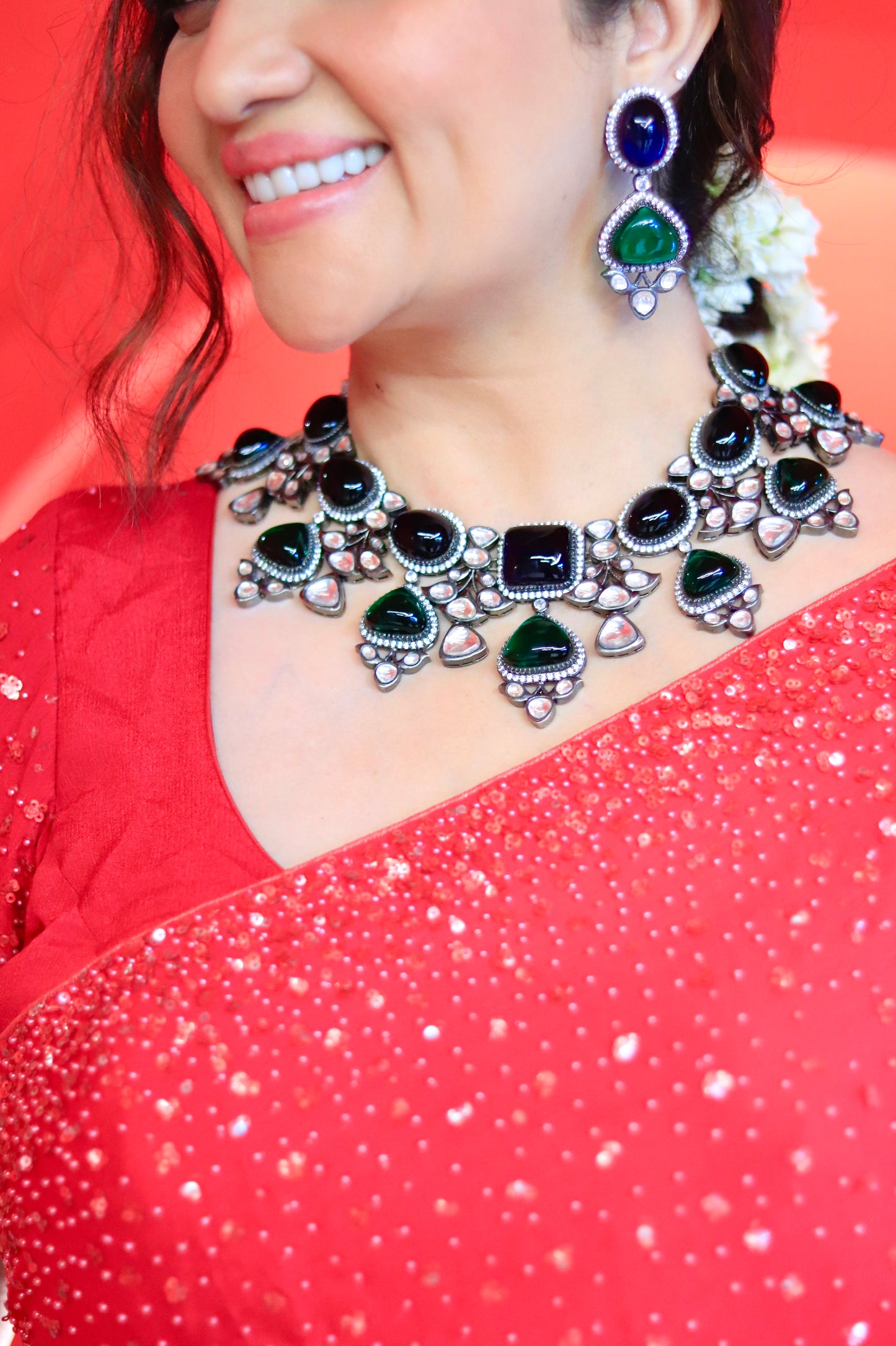 Chunky Red and Blue Stone Black Plated Exquisite Kundan Necklace Set