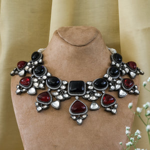 Chunky Red and Blue Stone Black Plated Exquisite Kundan Necklace Set
