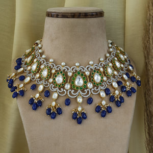 Bougainvillea Kundan Necklace Set with Green and Blue Beads