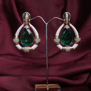 Gold Finish Enamel Earrings with Green Doublet Center Stone