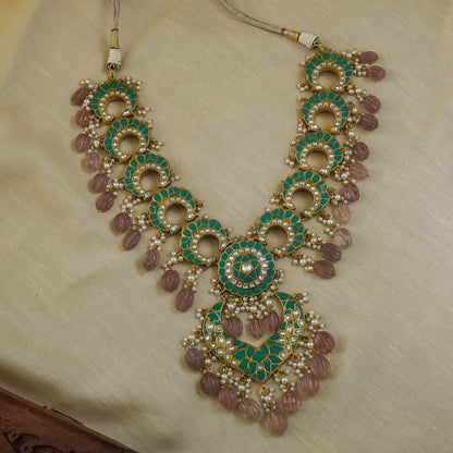 Statement Kundan Set with Turquoise Stones and Pink Beads
