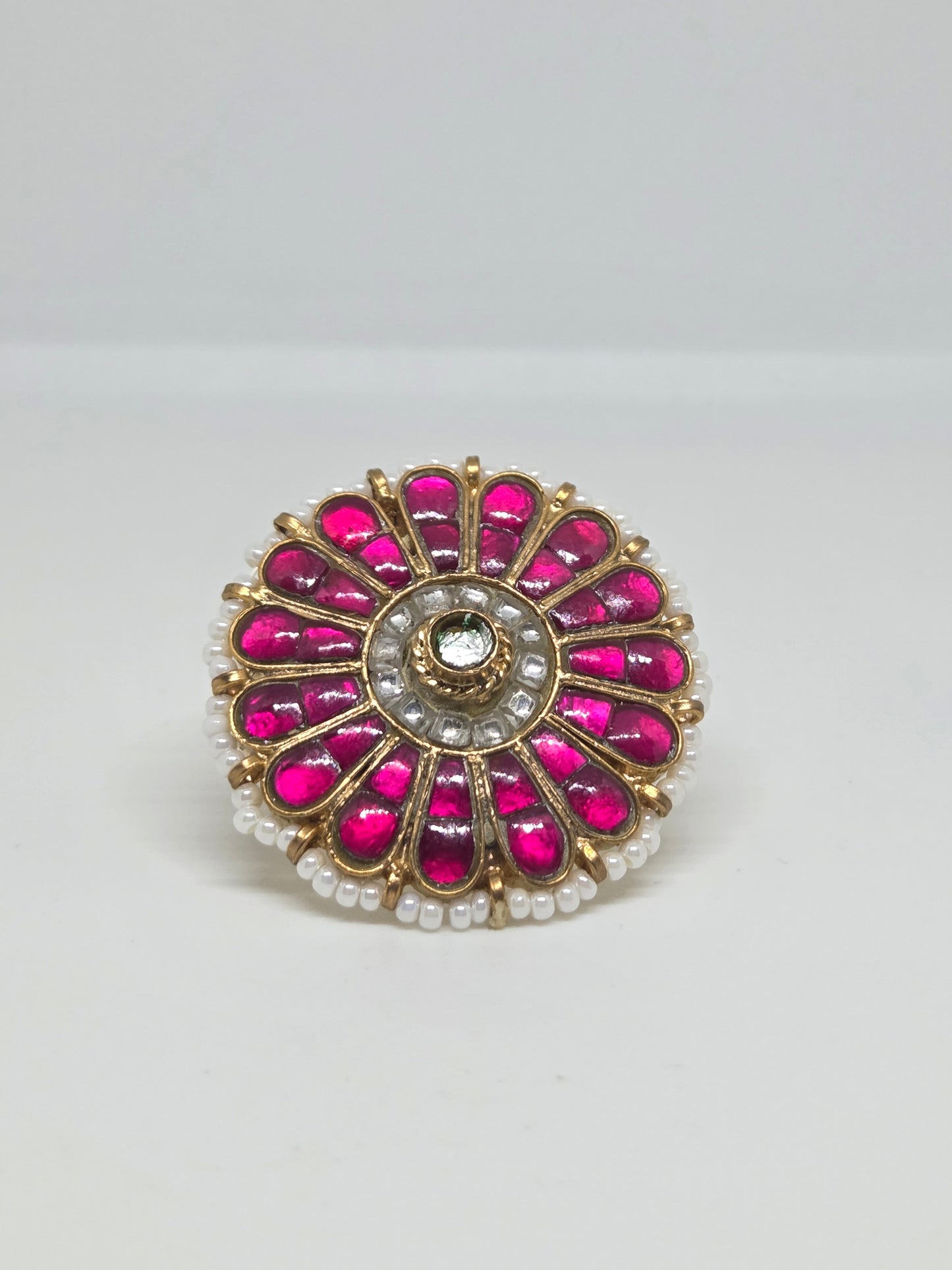 Gold Finish Kundan Red Stone Ring