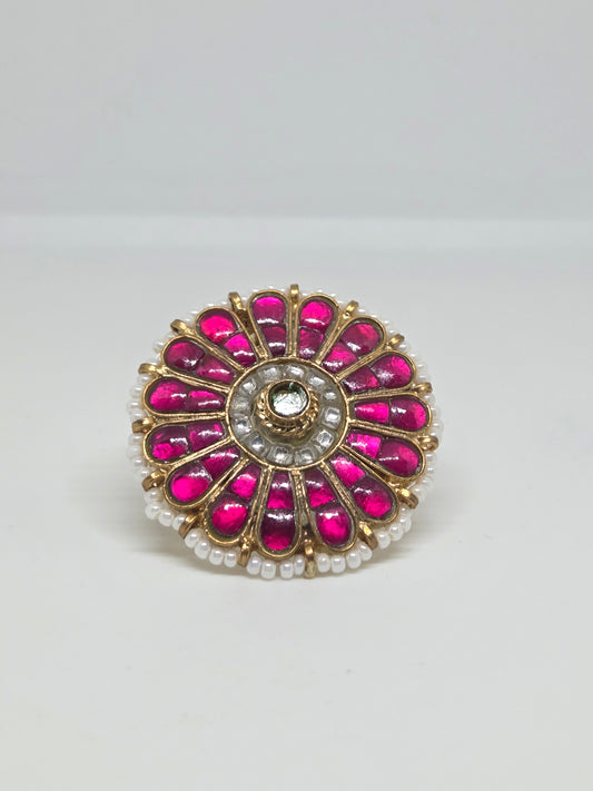 Gold Finish Kundan Red Stone Ring