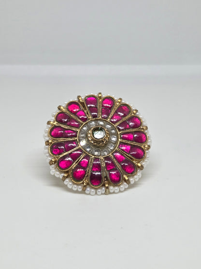 Gold Finish Kundan Red Stone Ring
