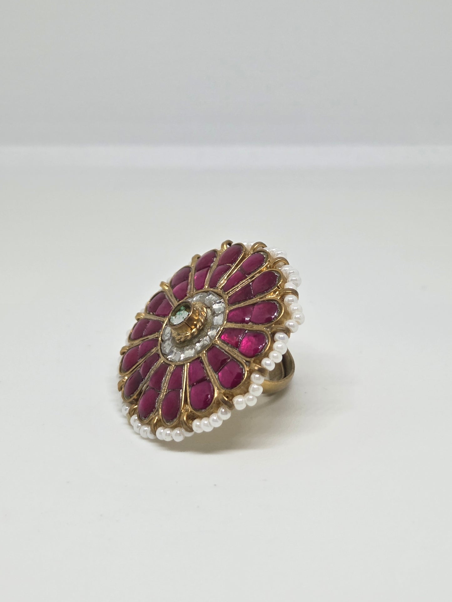Gold Finish Kundan Red Stone Ring