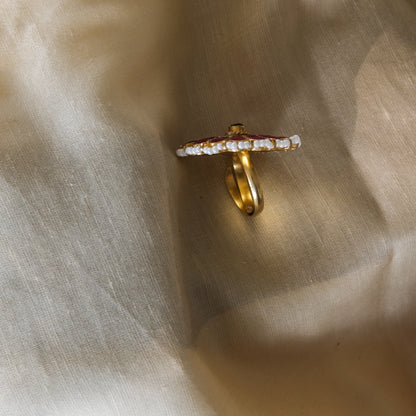 Gold Finish Kundan Red Stone Ring