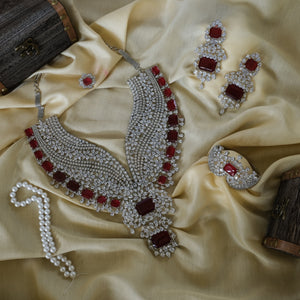 Full Neck Grand Long Zircon and Red Stone Necklace Set With BraceletStudio6Jewels