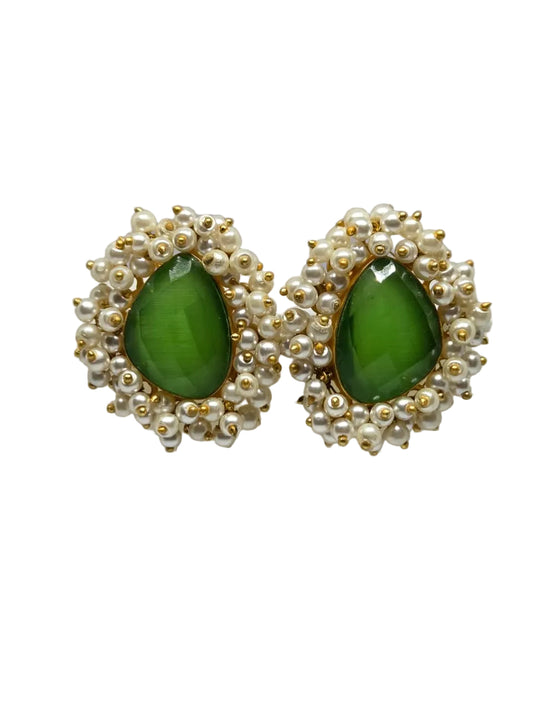Green Stone & Pearl Cluster Stud Earrings