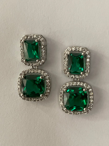 Green Cushion Crystal Earrings with Zircon Accents