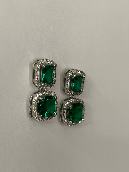 Green Cushion Crystal Earrings with Zircon Accents