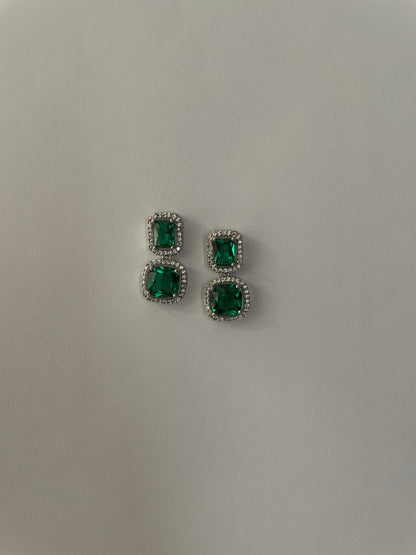 Green Cushion Crystal Earrings with Zircon Accents