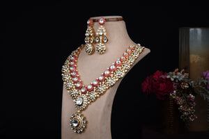 Long Bridal Kundan Necklace Set in Green and Red Hues