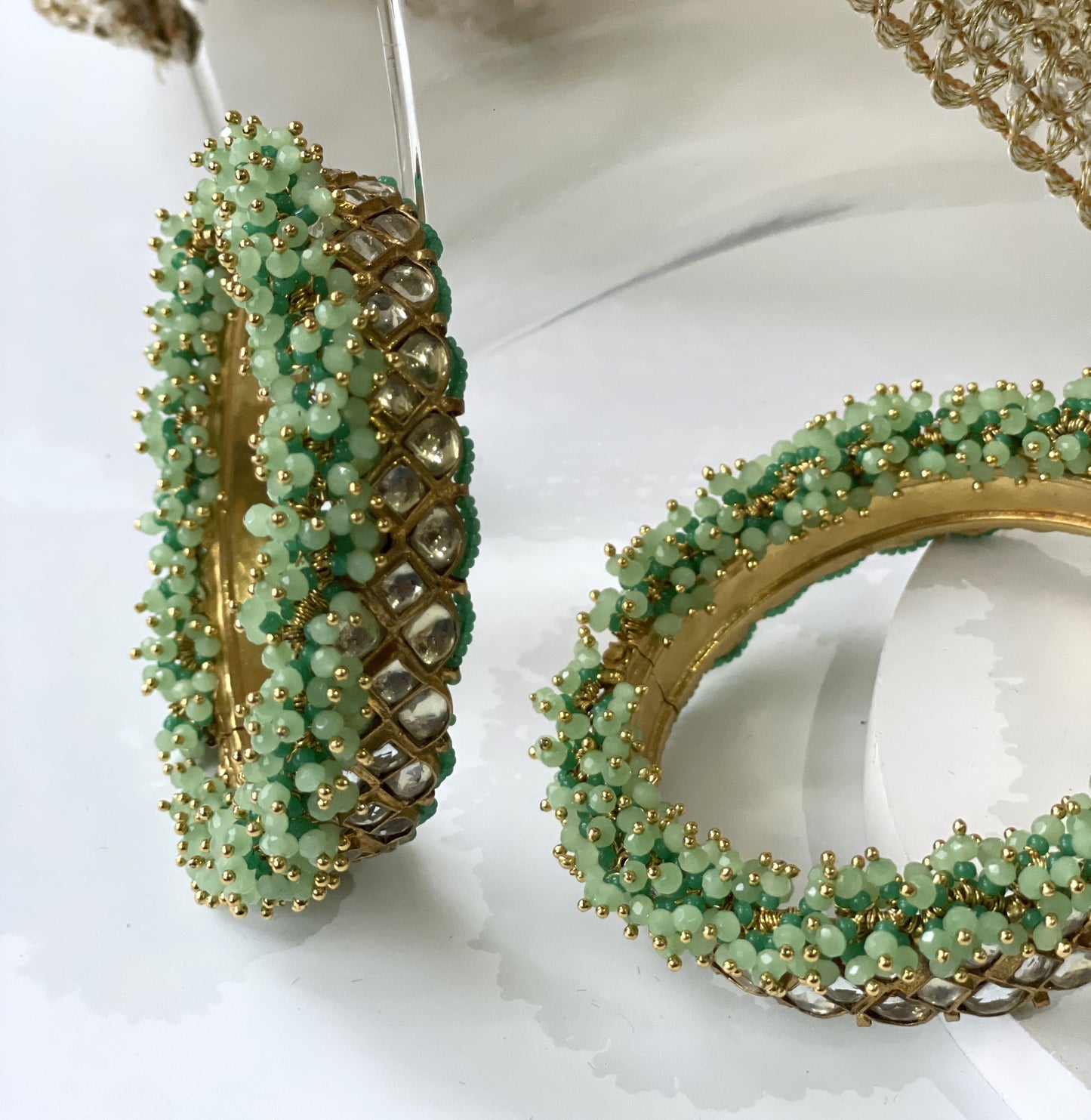 Kundan Bangle Set with Mint Green Beads