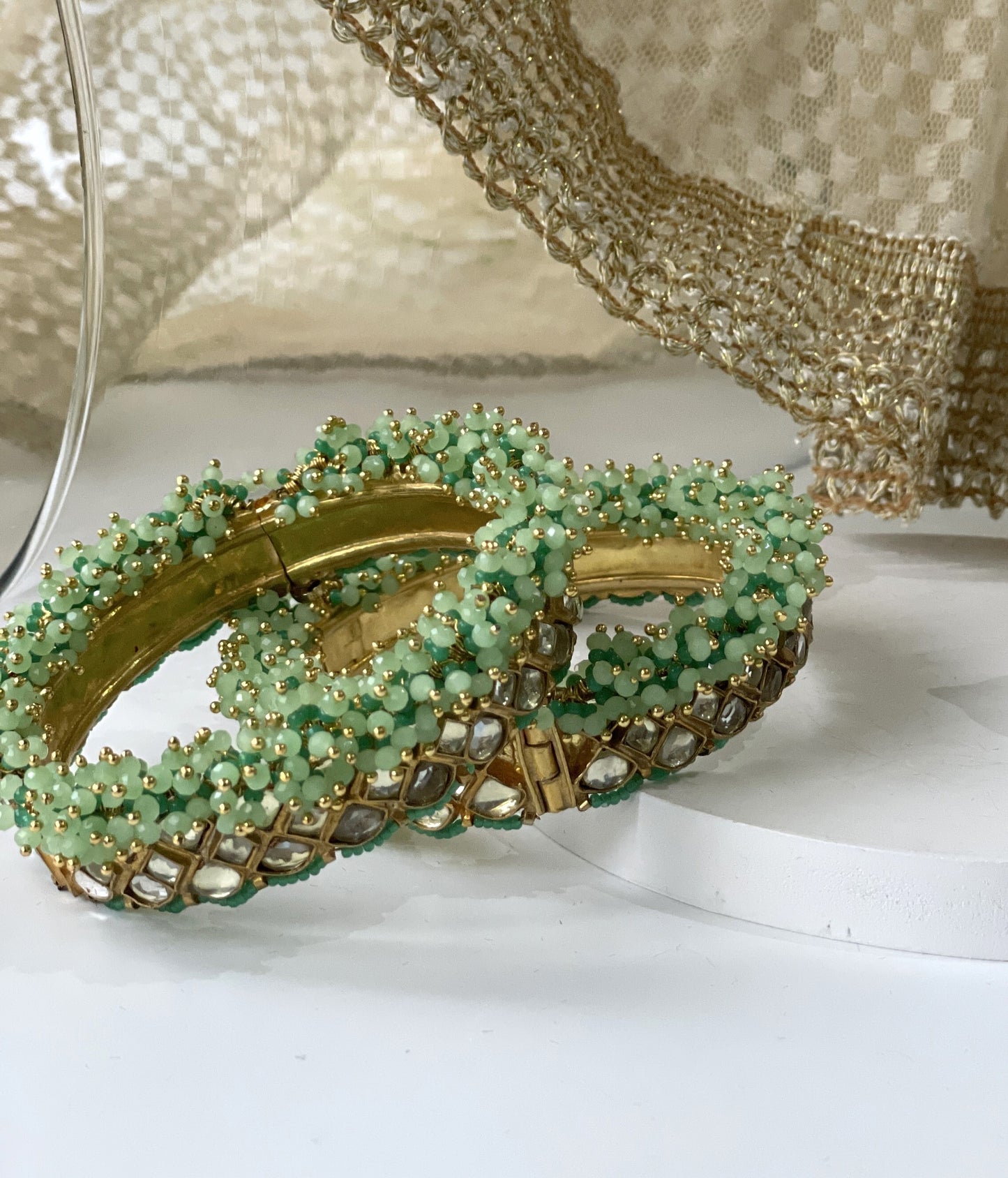 Kundan Bangle Set with Mint Green Beads