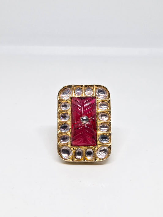 Kundan Ring with Red Carved Stone