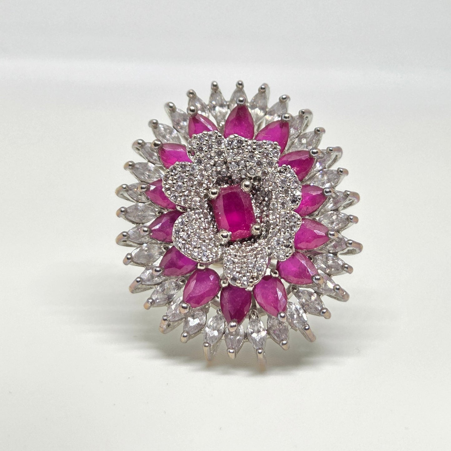 Zircon Floral Motif Ring with Pink Stones