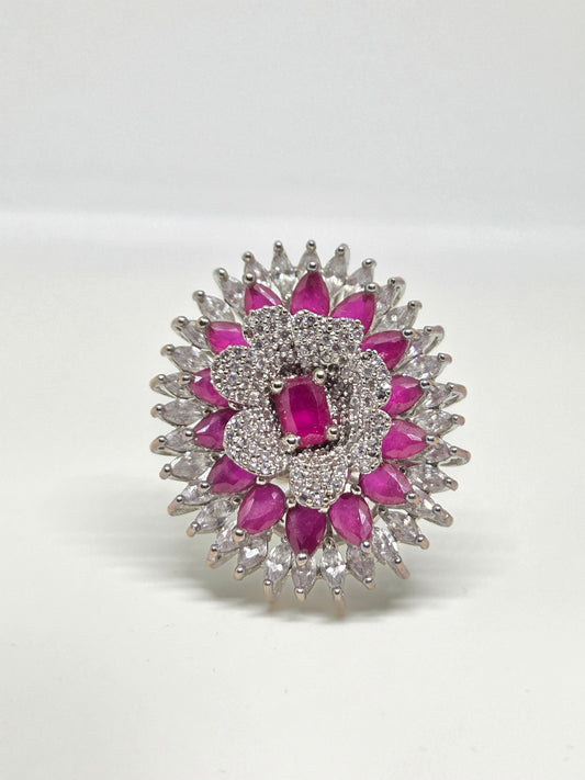 Zircon Floral Motif Ring with Pink Stones