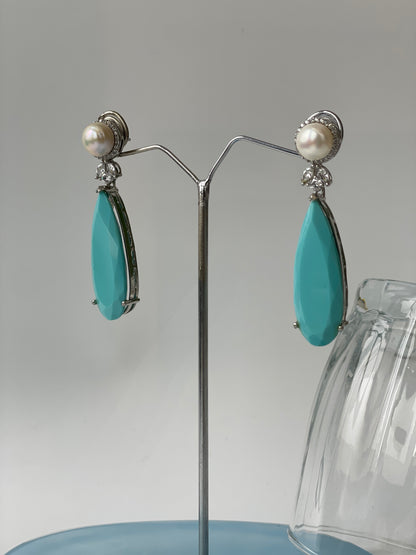 White Finish Pearl and Turquoise Earrings