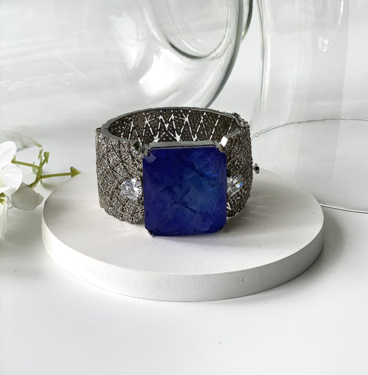Zircon Broad Bracelet with Blue Chunky Center Stone