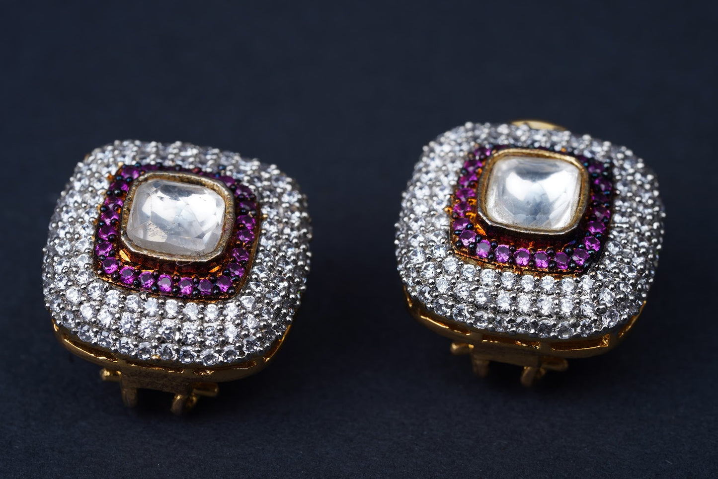 Gold Finish White and Red Zircon Studs