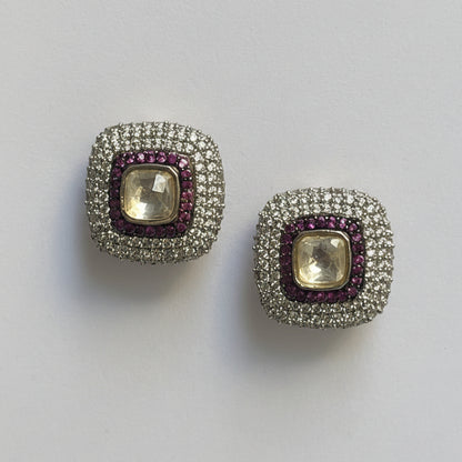 Gold Finish White and Red Zircon Studs
