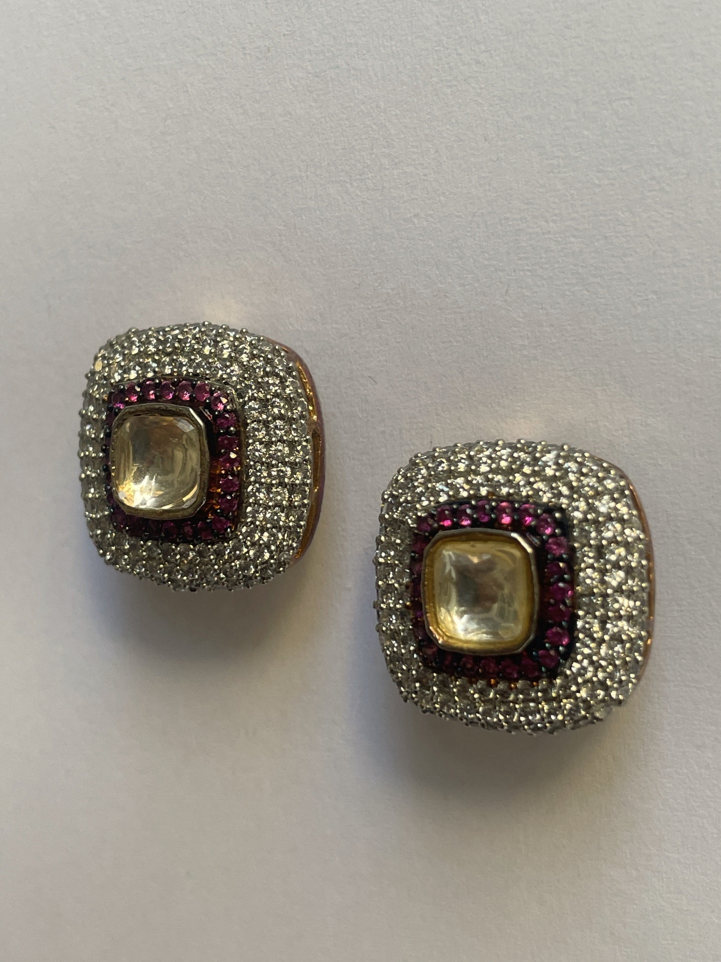Gold Finish White and Red Zircon Studs