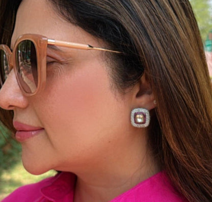 Gold Finish White and Red Zircon Studs