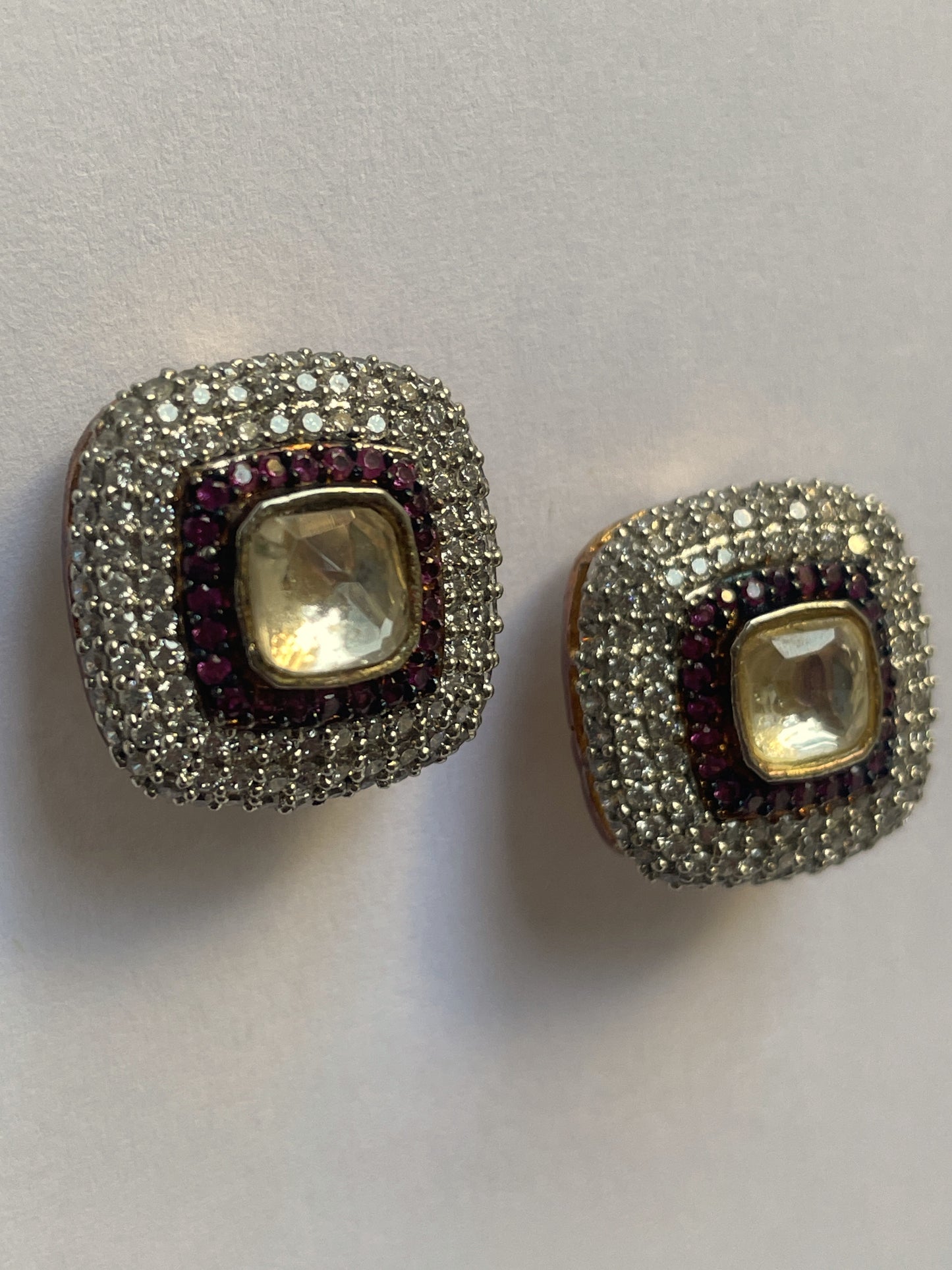 Gold Finish White and Red Zircon Studs