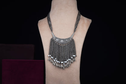 Oxidised Tassel Necklace with Pearls